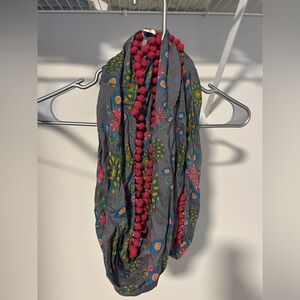 Gray Floral Infinity Scarf with Pom Poms